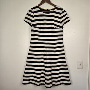 Boden Black White Stripe Fit & Flare Dress US 10R Cotton Blend Short Sleeve